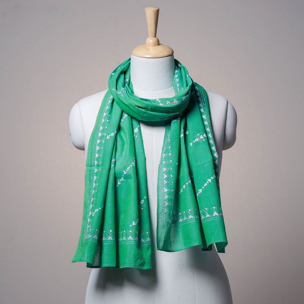 iTokri Bengal Kantha Embroidered Cotton Handloom Stole 04 (Green)